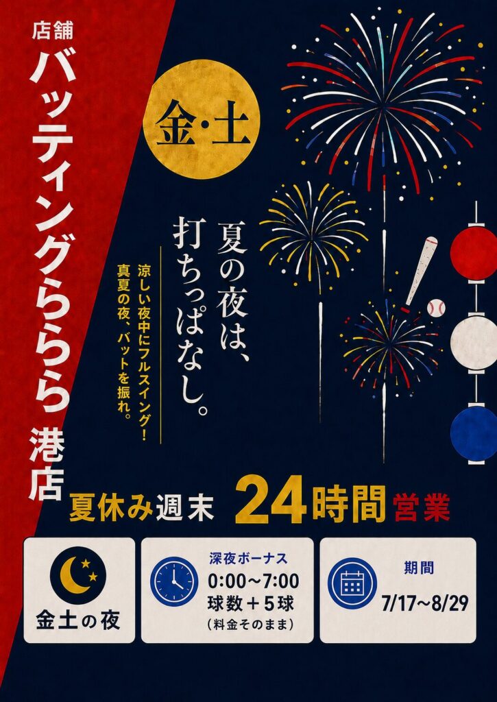 バッティングららら港店・夏休み週末オールナイト営業のポスター。花火と夜空をバックに「夏の夜は、打ちっぱなし。」のキャッチコピー。7月17日〜8月29日の金・土曜日、24時間営業。深夜0時〜7時は球数+5球サービス。